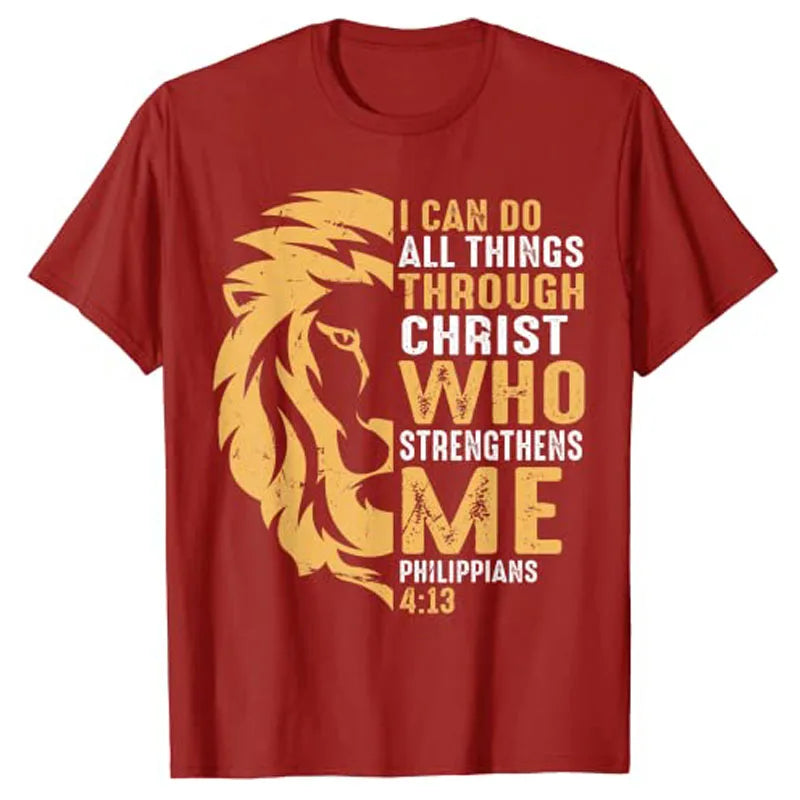 Christian I Can Do All Things Through Christ Lion Faith T-Shirt Sayings Quote Graphic Tee Y2k Top Gifts Short Sleeve Blouses