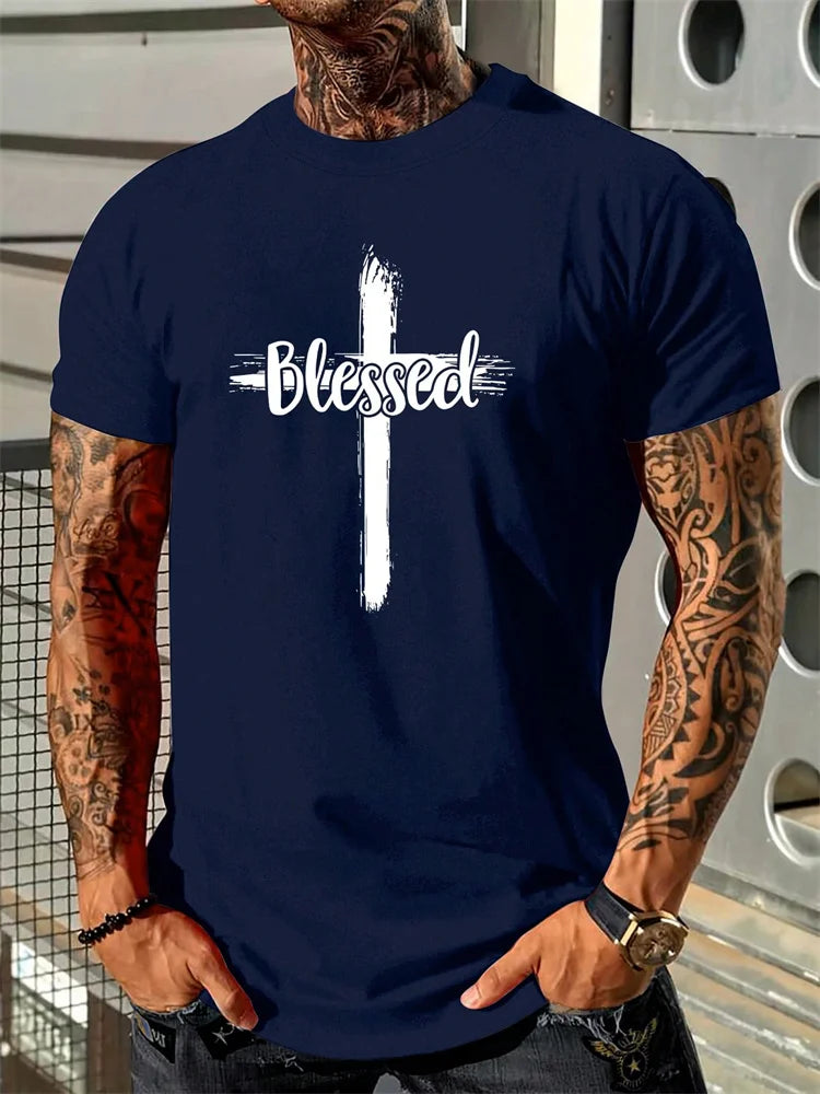 Christianity Cross Print Men's Fashion T-shirt Summer Daily Casual Mens Short-sleeved Top Outdoor Street Men's Religious T-shirt