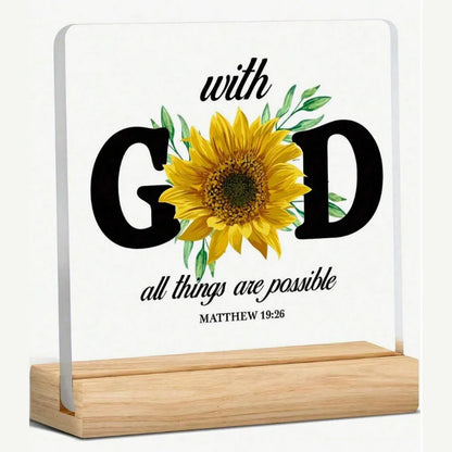 Christian Gift Religious Bible With God All Things Are Possible Sunflower Table Decor Acrylic Plaque Sign Home Desk Decoration