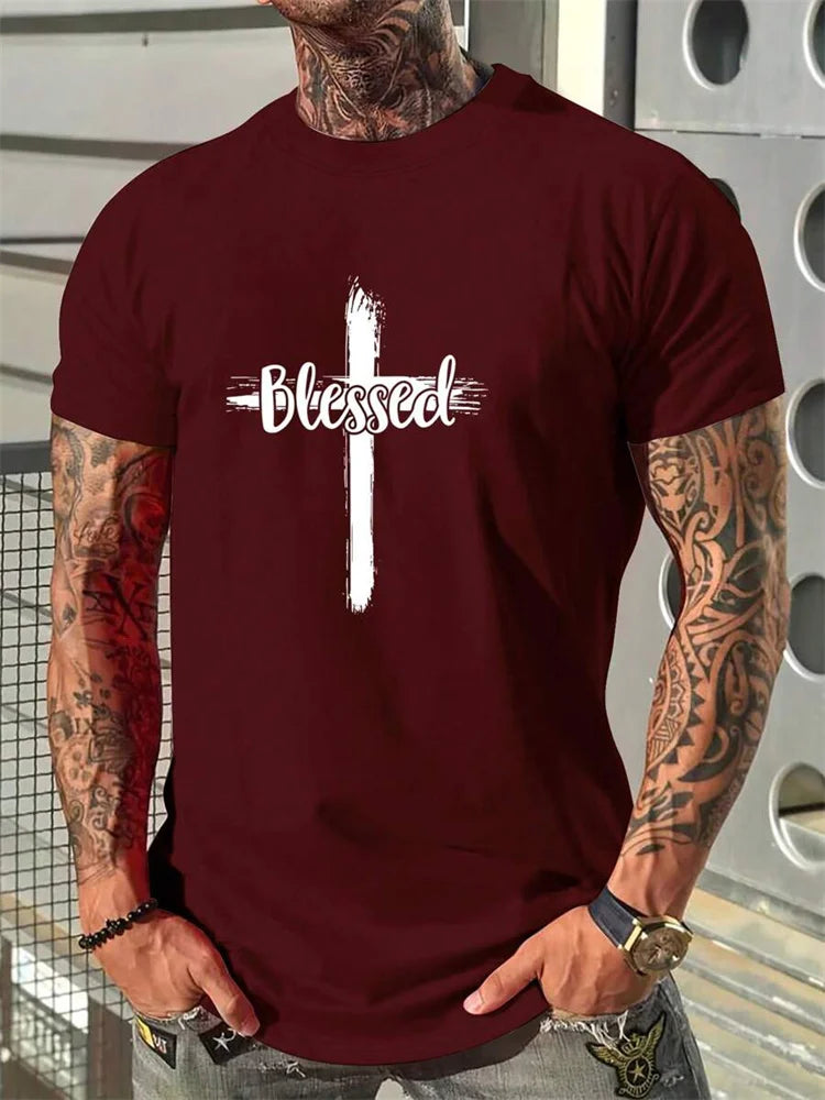 Christianity Cross Print Men's Fashion T-shirt Summer Daily Casual Mens Short-sleeved Top Outdoor Street Men's Religious T-shirt