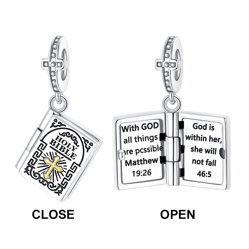 925 Sterling Silver Book Holy Bible Cross Religion Pendant Charm Fit Charms Bracelets Women DIY Jewelry Gift