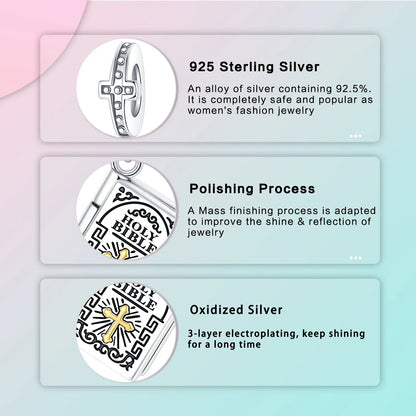 925 Sterling Silver Book Holy Bible Cross Religion Pendant Charm Fit Charms Bracelets Women DIY Jewelry Gift