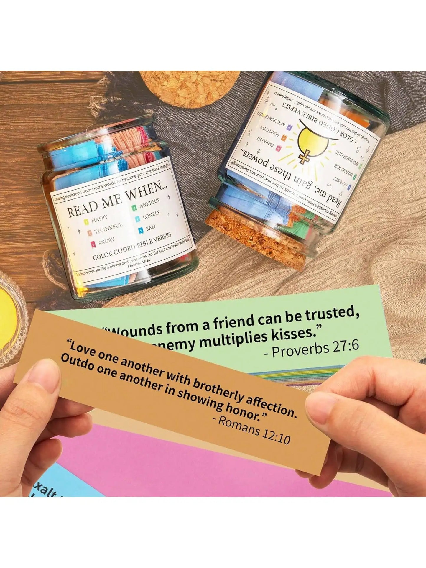 Christian Cards Jar Colorful Bible Verses Jar Handmade Christian Colorful Bible Glass Jar，Scripture Prayer Cards Hope Jar