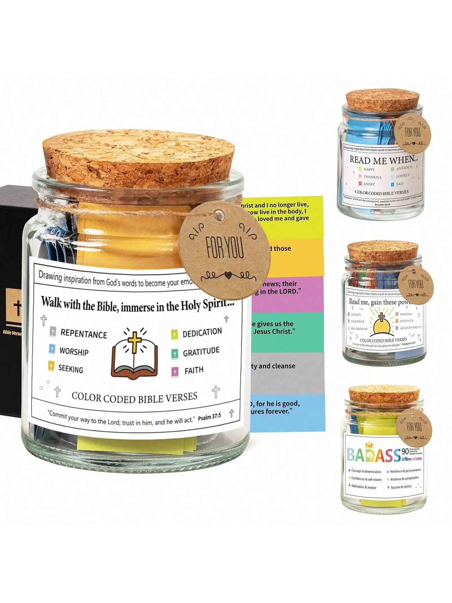 Christian Cards Jar Colorful Bible Verses Jar Handmade Christian Colorful Bible Glass Jar，Scripture Prayer Cards Hope Jar