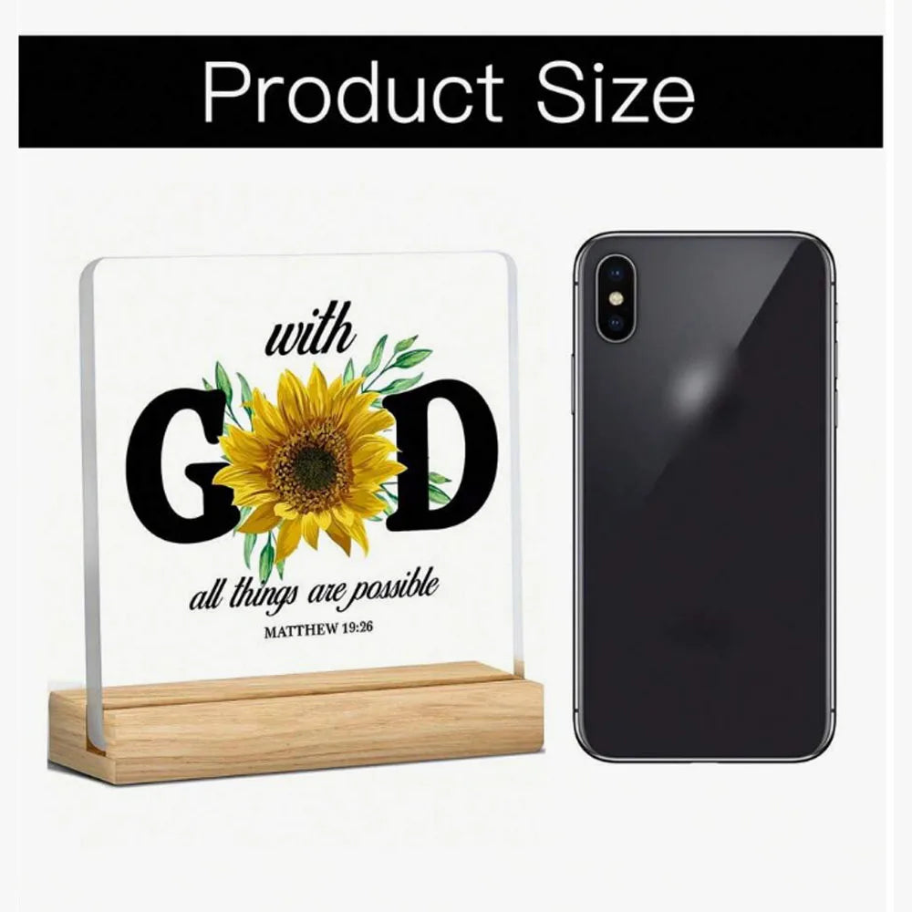 Christian Gift Religious Bible With God All Things Are Possible Sunflower Table Decor Acrylic Plaque Sign Home Desk Decoration