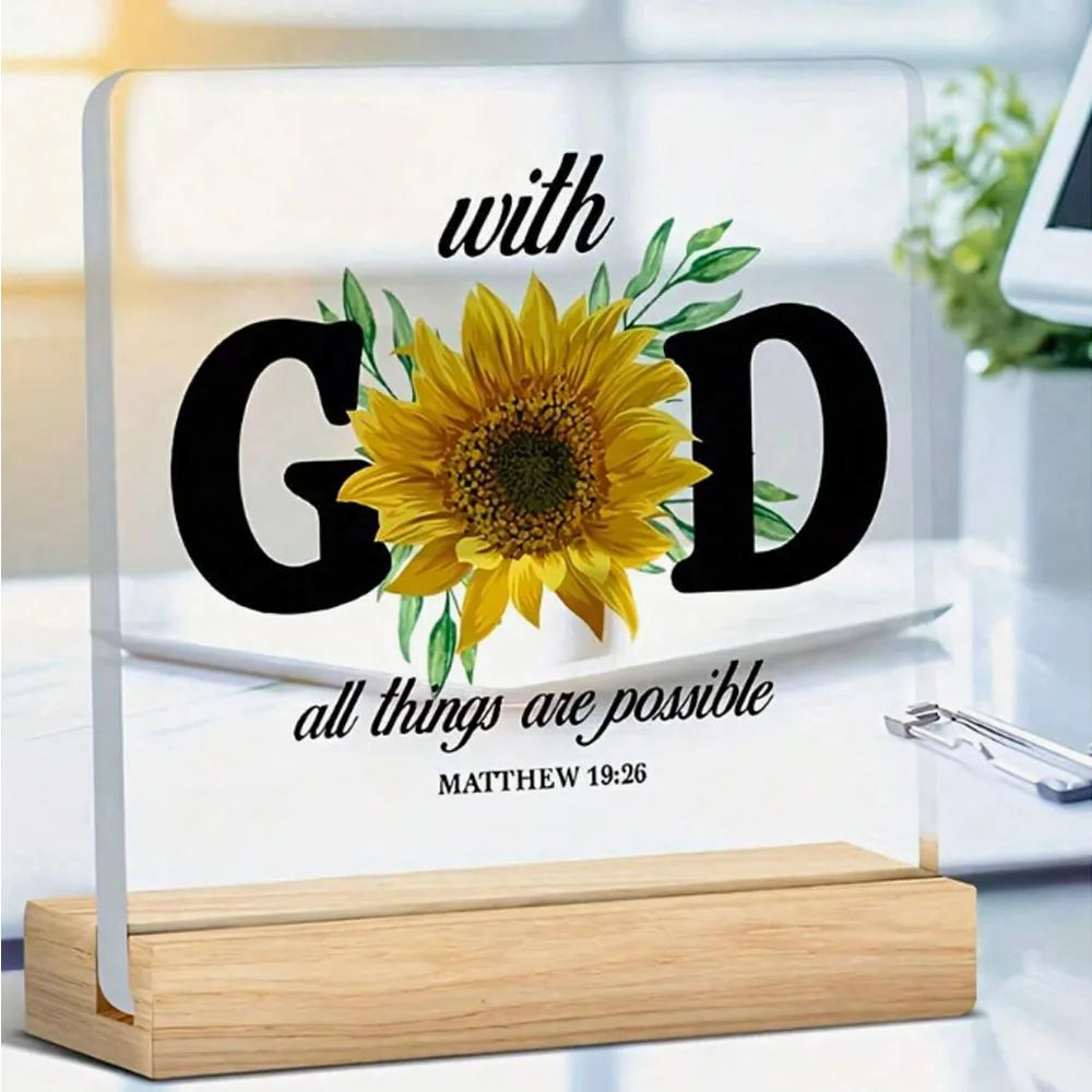 Christian Gift Religious Bible With God All Things Are Possible Sunflower Table Decor Acrylic Plaque Sign Home Desk Decoration