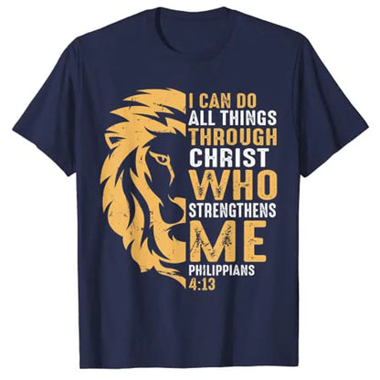 Christian I Can Do All Things Through Christ Lion Faith T-Shirt Sayings Quote Graphic Tee Y2k Top Gifts Short Sleeve Blouses