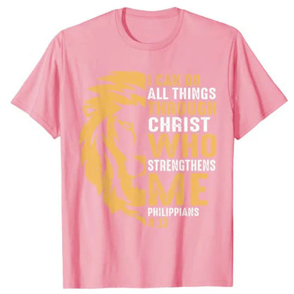 Christian I Can Do All Things Through Christ Lion Faith T-Shirt Sayings Quote Graphic Tee Y2k Top Gifts Short Sleeve Blouses