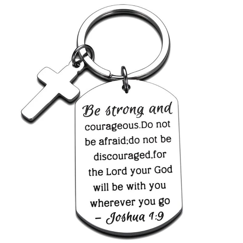 Christian Gifts Inspirational Bible Verse Keychain Be Strong Courageous Cross Charm Religious Jewelry for Birthday Thanksgiving