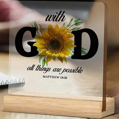 Christian Gift Religious Bible With God All Things Are Possible Sunflower Table Decor Acrylic Plaque Sign Home Desk Decoration