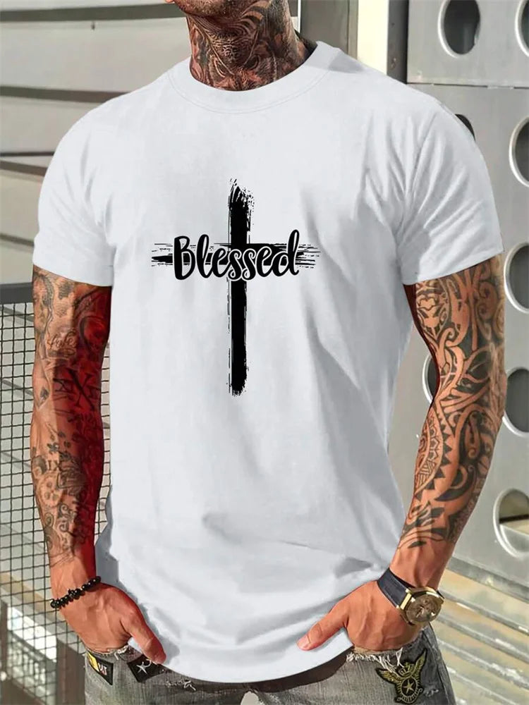 Christianity Cross Print Men's Fashion T-shirt Summer Daily Casual Mens Short-sleeved Top Outdoor Street Men's Religious T-shirt